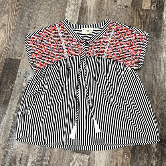 Savanna Jane Striped Multi Color Embroidered Boho Peasant Flowy Popover Top Sz L - Picture 6 of 11